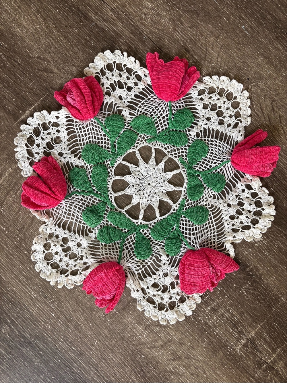 Vintage Intricate Handmade Crochet Doily with Pink Tulips